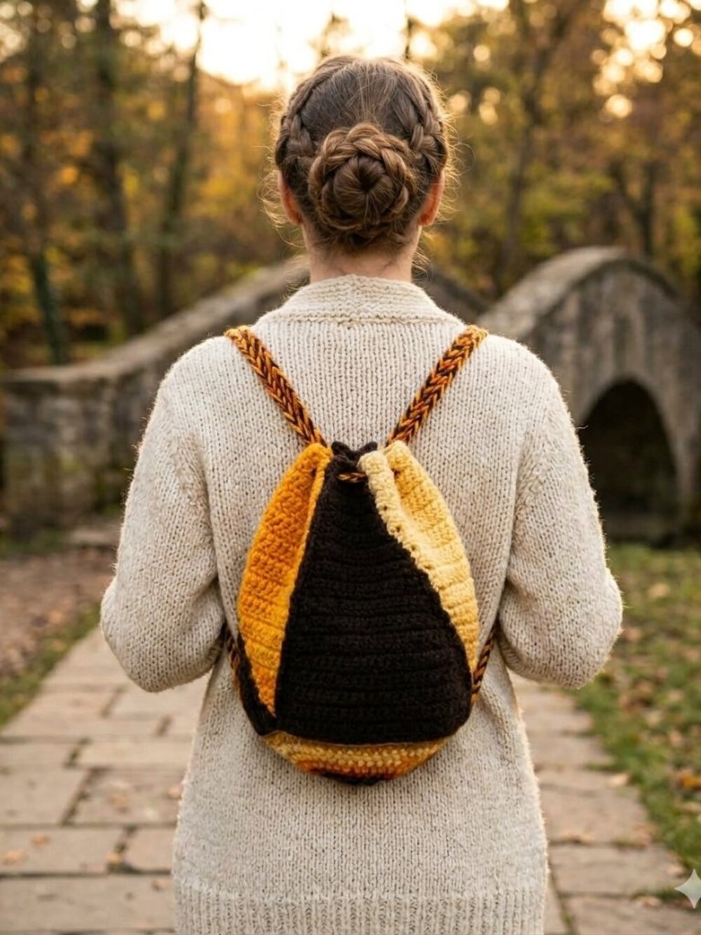 Handmade Crocheted Bag Pouch Brown Yellow Orange Backpack